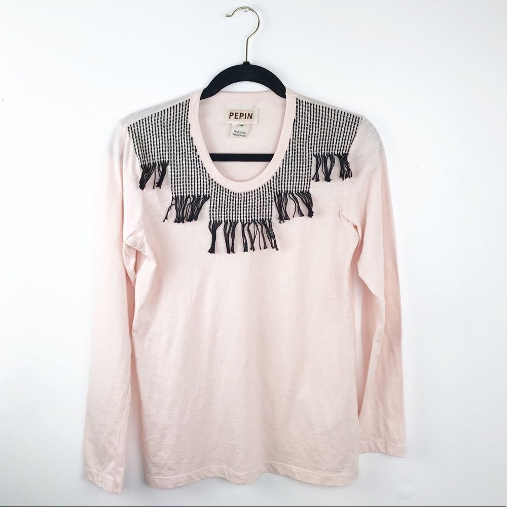Anthropologie bohemian pink fringe blouse pepin